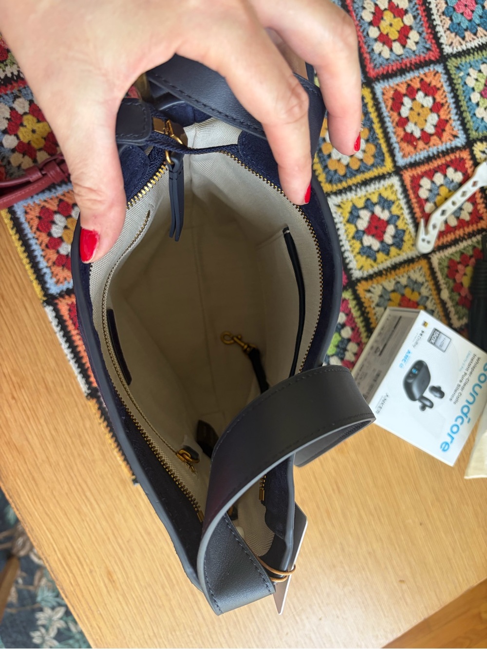 NWT and Dustbag Quince Italian Suede Bucket Crossbody in Navy. - Picture 14 of 14